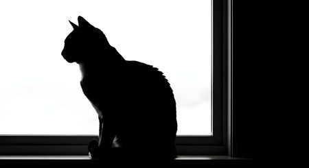 A striking silhouette of a cat sitting upright on a window sill against a bright white background. The high-contrast black and white image captures the elegant profile of the feline gazing outwards.の素材
