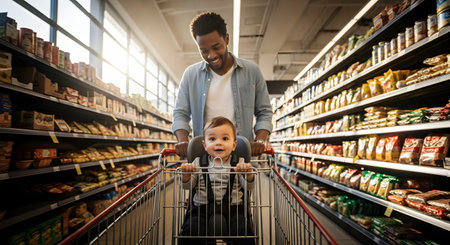 A happy father pushes a shopping cart with his smiling toddler seated in the child seat through a grocery store aisle. The shelves are stocked with products, creating a warm and relatable shopping scene.の素材