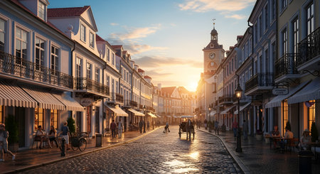 A charming European street scene featuring colorful historic buildings and a cobblestone road illuminated by the golden light of sunset. A horse-drawn carriage moves down the street, adding to the romantic and nostalgic atmosphere of the old town.の素材