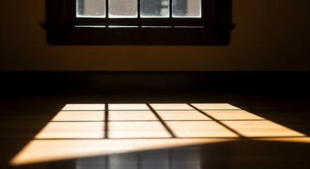 Sunlight streams through a dark window, casting a bright, grid-like shadow on a polished wooden floor. Dust particles are visible floating in the beam of light, creating a quiet and atmospheric scene. The room is dark, emphasizing the light and shadows.の素材