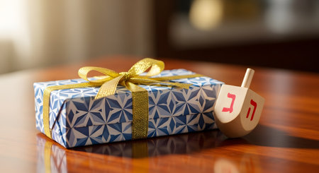 A blue and white wrapped gift box with a gold ribbon sits on a wooden table next to a wooden dreidel with Hebrew letters. This festive composition celebrates the Jewish holiday of Hanukkah and its traditions.の素材