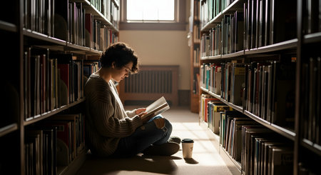 A young person sits cross-legged on the floor in a library aisle, deeply engrossed in reading a book. Sunlight streams in from a window, illuminating the reader and the tall bookshelves that frame the scene, evoking a sense of quiet study and knowledge.の素材