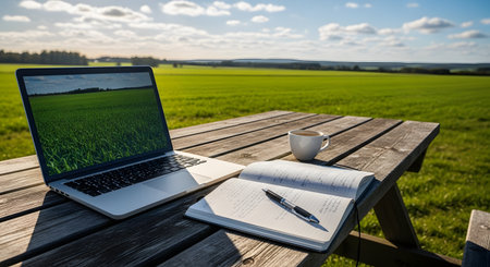 A laptop and an open notebook with a pen sit on a wooden picnic table in a vast green field under a blue sky. This concept image represents the freedom of remote work and the digital nomad lifestyle.の素材