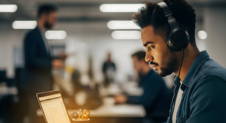 A young man with a beard wears headphones while concentrating on his laptop screen in a modern, open-plan office. The background is blurred, showing other colleagues, suggesting a busy work environment, focus, and productivity.の素材