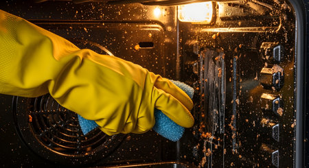A close-up shot of a hand wearing a yellow rubber glove, using a blue sponge to scrub the inside of a very dirty, greasy oven. Baked-on food and grime are visible on the oven walls, and the interior light is on. This image represents cleaning, chores, and household tasks.の素材