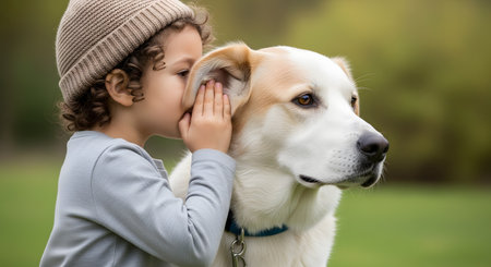 A young child with curly hair and a beanie whispers a secret into the ear of a large, attentive white and tan dog. They are outside in a green park, and the image conveys a sense of trust, friendship, and communication between a child and their pet.の素材