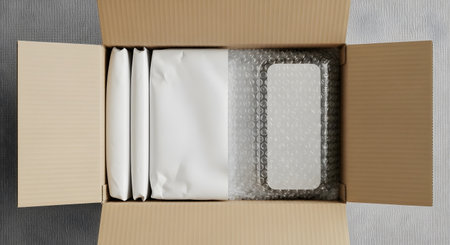 A top-down view of an open cardboard shipping box. Inside, several items are neatly packed, some wrapped in white paper and one electronic item, possibly a smartphone, is protected by bubble wrap. This image relates to e-commerce, shipping, and unboxing.の素材