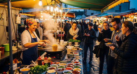 A vibrant night market food stall where a smiling female vendor is stir-frying noodles in a large wok, creating steam. Customers stand in line to buy food, while colorful ingredients are displayed in bowls at the front of the cart.の素材