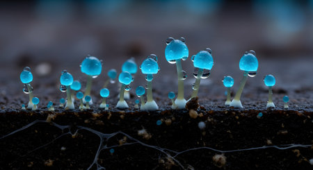 A stunning macro photo shows a cluster of tiny, glowing blue bioluminescent mushrooms sprouting from dark, rich soil. Each delicate cap is covered in glistening water droplets, creating a magical, fantasy-like scene, with the mycelium network visible in the earth.の素材
