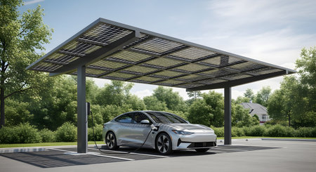 A modern electric vehicle charges at a station sheltered by a solar panel carport, highlighting sustainable energy solutions. The sleek silver car and the grid of solar cells demonstrate the integration of renewable power and clean transportation.の素材