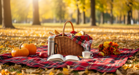 A cozy autumn picnic is set on a red plaid blanket in a park, surrounded by fallen yellow leaves. A wicker basket holds bread and a thermos, next to an open book, a cup of coffee, two small pumpkins, and an apple, creating a warm, relaxing fall scene.の素材