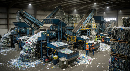 The interior of a large industrial recycling facility featuring conveyor belts transporting plastic waste and sorted bales. Workers in safety gear can be seen managing the machinery and processing the refuse for sustainability.の素材