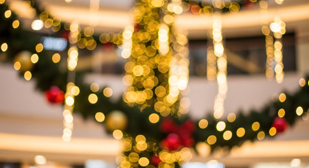 An abstract, out-of-focus image of festive Christmas decorations, creating a warm, golden bokeh effect. The blurred lights, red ornaments, and green garland create a magical and celebratory holiday atmosphere.の素材