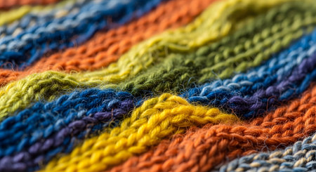 A macro shot showing the detailed texture of colorful knitted wool with diagonal stripes in orange, yellow, blue, and green. The soft, fuzzy yarn creates a warm and cozy pattern, perfect for textile and craft backgrounds.の素材