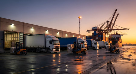 A busy shipping port at dusk, with forklifts loading cargo from trucks into a large container ship. The scene, illuminated by warehouse lights and a beautiful sunset, represents global trade, logistics, and the supply chain industry.の素材