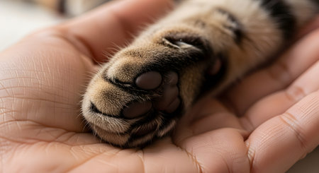 A close-up detail of a tabby cat's paw resting gently in a human hand showing the soft pads and fur. The image conveys a sense of trust, bonding, and affection between a pet and its owner.の素材