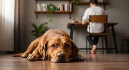 A brown labrador retriever dog lies on the floor of a home office, looking patiently at the camera. In the background, a person is out of focus, working at a desk, illustrating a work-from-home lifestyle with a pet companion.の素材
