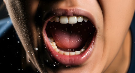 An extreme close-up of a person's wide-open mouth, shouting or screaming with emotion. Tiny droplets of saliva are visible, adding to the intensity of the expression, which could be anger, excitement, or surprise.の素材