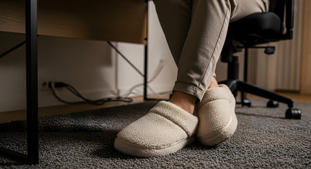 A person wears warm, cream-colored fleece slippers while sitting at a desk with feet resting on a gray carpet. The image conveys the comfort and relaxed attire associated with working from home or studying.の素材