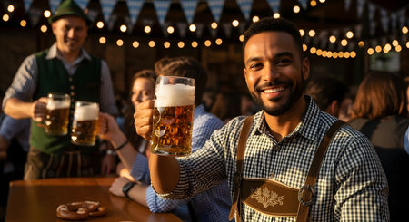 A smiling man wearing traditional suspenders holds up a large glass stein of beer at a festive outdoor event. String lights glow in the background as he celebrates with friends, capturing the spirited atmosphere of Oktoberfest.の素材