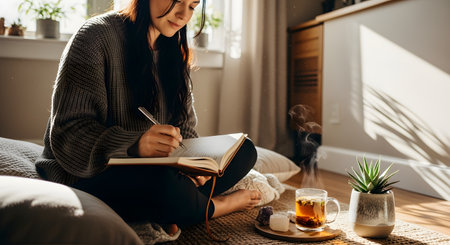 A woman sits comfortably on the floor writing in a journal with a pen while a cup of tea steams nearby. The scene is illuminated by natural light creating a calm and mindful atmosphere for reflection.の素材