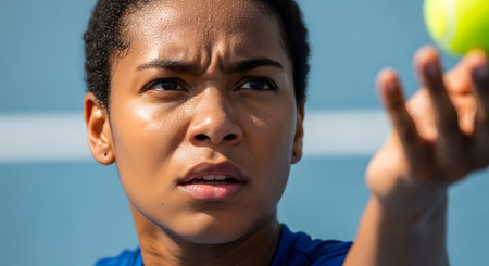 A close-up of a female tennis player focusing intensely as she prepares to serve the ball. Sweat glistens on her forehead against a blue court background capturing the determination of competitive sports.の素材