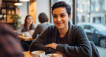 A young, stylish person with short hair smiles warmly while sitting at a table in a cozy coffee shop. They are looking at someone off-camera, possibly on a date or in a meeting. A coffee cup and a small pastry are on the table in front of them.の素材