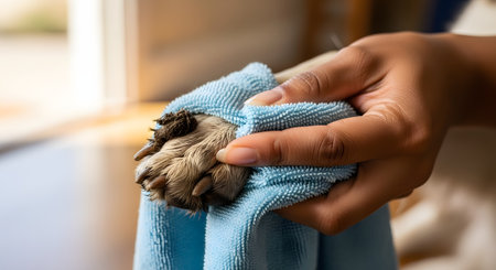 A close-up of a person's hands gently wiping a dog's muddy paw with a blue microfiber towel. This image illustrates pet care hygiene and the routine of cleaning up after a walk outdoors.の素材