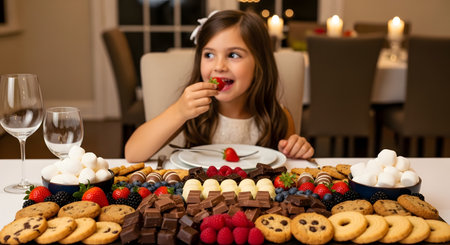A cute little girl enjoys a strawberry dipped in chocolate at a lavish dessert table. The spread includes marshmallows, cookies, and various fruits, highlighting a moment of joy and indulgence at a celebration.の素材