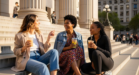 Three stylish and diverse young women sit on the steps of a grand building in a city, laughing and talking. They are holding iced coffee drinks and enjoying a sunny day together, embodying friendship, urban lifestyle, and socializing.の素材