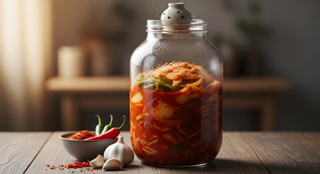 A large glass jar filled with traditional spicy kimchi sits on a table alongside garlic and chili peppers. This image highlights the vibrant colors and ingredients of fermented Korean cuisine and healthy probiotics.の素材