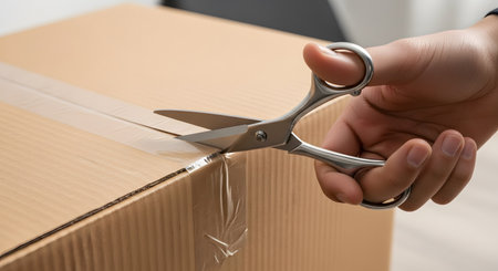 A close-up of a hand holding metal scissors to cut the clear packing tape on a brown cardboard box. This action represents opening a package, delivery, unboxing, or moving.の素材