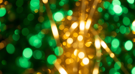 A mesmerizing abstract background of blurred green and gold bokeh lights. The festive colors evoke the feeling of Christmas decorations and sparkling holiday lights, perfect for use as a texture or backdrop.の素材