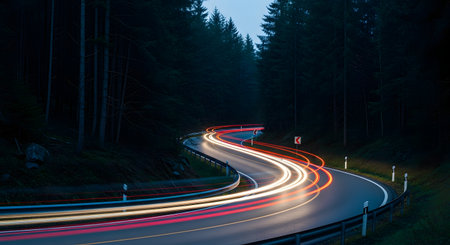 A long-exposure shot captures the winding red and white light trails of cars on a curvy road through a dark pine forest at night. The image conveys speed, motion, and the contrast between technology and nature.の素材