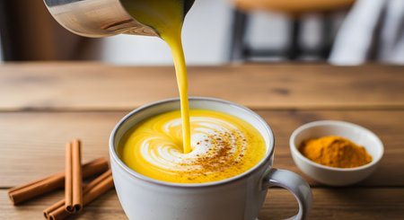 A healthy golden milk turmeric latte is being poured from a metal pitcher into a ceramic mug, creating a latte art swirl. The vibrant yellow drink is topped with cinnamon, with cinnamon sticks and turmeric powder in a bowl on the wooden table.の素材
