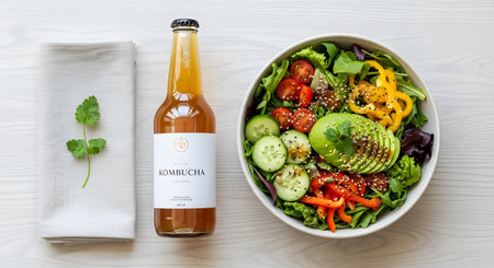 A healthy meal flat lay on a white wooden table, featuring a colorful salad bowl and a bottle of kombucha. The salad includes lettuce, avocado, cherry tomatoes, cucumber, and peppers. A napkin with a sprig of cilantro is placed next to the drink.の素材