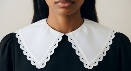 A close-up shot of a woman's neck and shoulders, wearing a black dress with a large, white, scalloped Peter Pan collar. The style is classic, modest, retro, and vintage-inspired, showing a detail of fashion.の素材