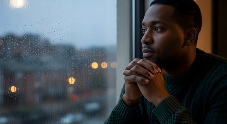 A pensive man looks out of a window covered in raindrops on a gloomy day. The image conveys emotions of sadness, loneliness, and deep contemplation amidst a rainy urban backdrop.の素材