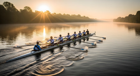 A men's rowing eight team, including the coxswain, practices in a sleek racing shell on a calm, misty river at sunrise. The sun's rays create a starburst effect on the water, highlighting their synchronized movement and teamwork.の素材