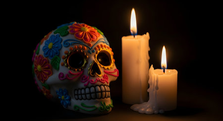A traditional, colorfully decorated sugar skull (calavera) for the Mexican holiday Dia de los Muertos (Day of the Dead). The skull is illuminated in a dark setting by the warm glow of two lit, melting white candles, creating a reverent and festive atmosphere.の素材