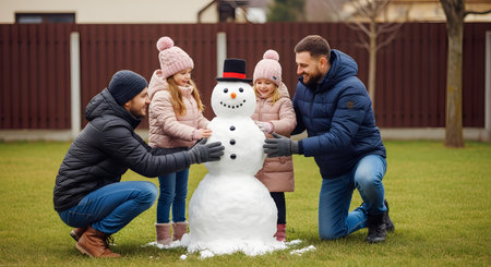 A happy family, consisting of two men and two young girls, builds a snowman in their backyard. They are all bundled in winter coats and hats, smiling as they place the snowman's hat, even though they are on a green grassy lawn, suggesting a first or unseasonal snow.の素材