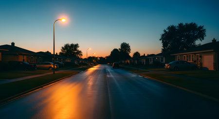 A peaceful suburban street scene at twilight with wet asphalt reflecting the warm glow of streetlights. Rows of houses and parked cars line the road, capturing the quiet atmosphere of a residential neighborhood after rain.の素材