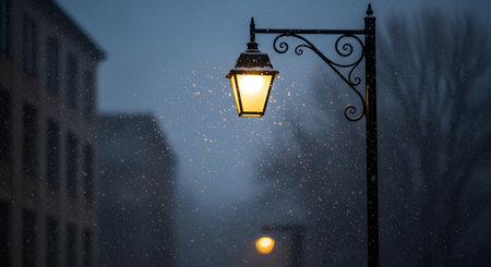 A classic street lamp illuminates falling snow during a blue winter twilight. The warm yellow light contrasts with the cool blue tones of the evening, creating a cozy and nostalgic urban winter scene.の素材