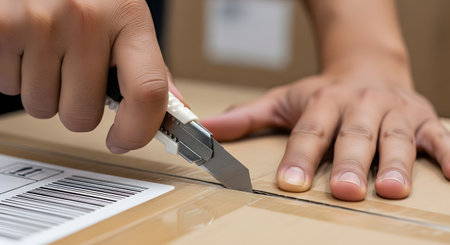Close-up of hands using a sharp utility knife to carefully cut open a taped cardboard box. The image illustrates the process of unboxing, shipping, or warehouse logistics.の素材