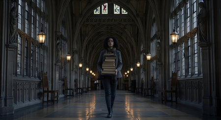 A young woman with curly hair stands in the center of a grand, dark, Gothic-style hallway, possibly a university library or historic building. She is holding a large stack of heavy, old books, conveying themes of knowledge, history, and 'dark academia'.の素材