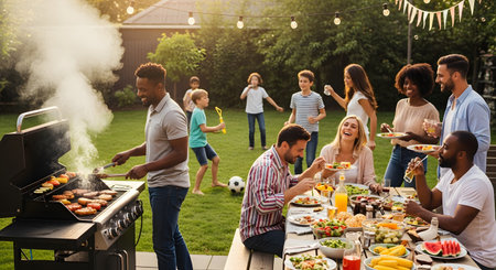 A diverse group of friends and family enjoys a sunny backyard barbecue. A man grills at a large BBQ, while others sit at a picnic table eating and talking. Children play on the grass in the background.の素材