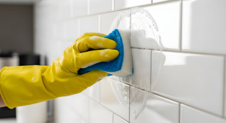 A hand wearing a yellow rubber glove scrubs white subway tiles with a soapy blue sponge. The image illustrates household cleaning, hygiene maintenance, and the removal of dirt or grime.の素材