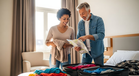 A mature couple packs their suitcase and checks a city map in a hotel room preparing for a day of sightseeing. They look excited and happy about their travel plans and vacation itinerary.の素材
