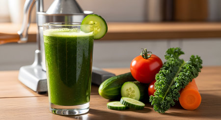 A tall glass of fresh green vegetable juice, garnished with a cucumber slice, sits on a kitchen counter. Next to it are the raw ingredients, including kale, cucumber, tomato, and carrot, with a manual juicer in the background, promoting a healthy lifestyle.の素材