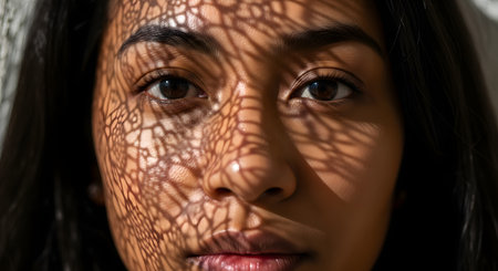 A close-up artistic portrait of a woman's face covered in intricate lace shadow patterns cast by sunlight. The play of light and shadow highlights her eyes and skin texture, creating a mysterious and beautiful aesthetic.の素材